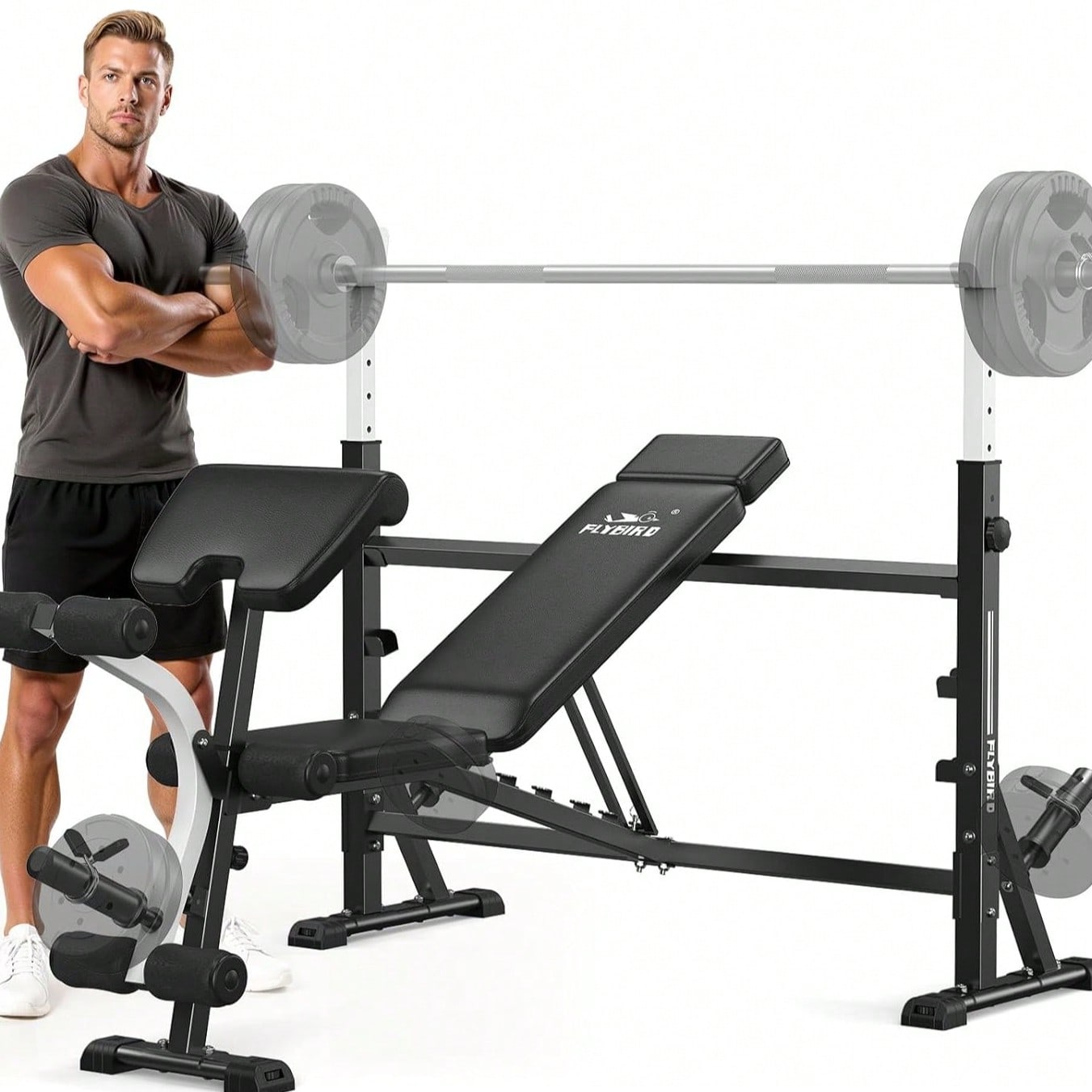 Home Gym Leg Extension - FLYBIRD調整可能なウェイトベンチ、ベンチプレスラック、レッグエクステンション、レッグカール付き、ホームジムワークアウト用
