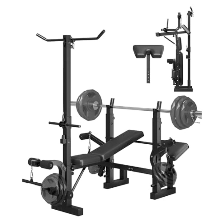 Home Gym Leg Extension - ホームジム8in1折りたたみ式ウェイトベンチセット（プリチャーカールパッド、ラットプルダウン、レッグエクステンション、カールアタッチメント付き）全身エクササイズ用