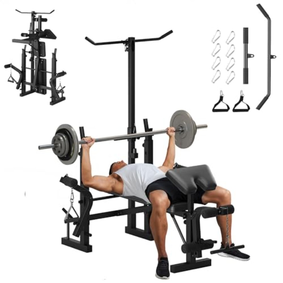 Home Gym Leg Extension - ホームジム筋トレベンチセット：7-in-1調整可能なウェイトベンチ（レッグエクステンション/カールプレーチャーカールパッド付き）折りたたみ式スチール製