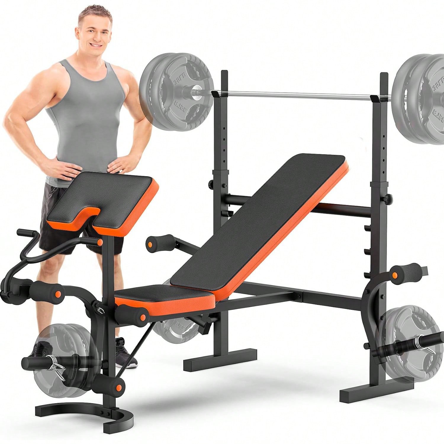 Home Gym Leg Extension - GIKPAL ウェイトベンチ、レッグエクステンション付きベンチプレスセット、ホームジム用6 in 1ウェイトベンチ、ラックとプリーチャーパッド付き調整可能なワークアウトベンチ、ウェイトリフティング用フルボディフラットインクラインベンチ