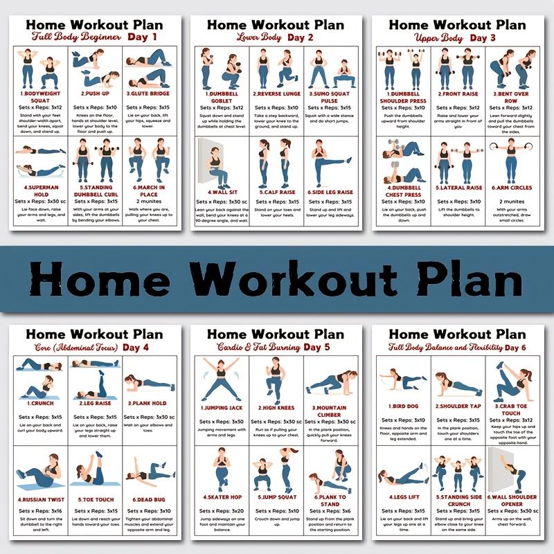 Workout Plan Home Gym - 6枚組 ホームフィットネスウォールチャート（腕、脚、腰、胸のトレーニング用）、ホームフィットネスプランチャート、ジムプラン、ヨガ、フィットネスガイド