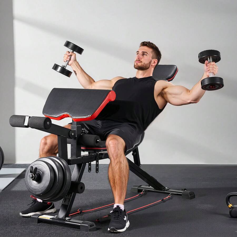 Home Gym Leg Extension - ウェイトベンチ、800ポンド調整可能なウェイトベンチプレス、全身トレーニング用、ホームジム筋力トレーニング用エクササイズシットアップベンチ、レッグエクステンション付きフラットベンチ、プリーチャーパッド、迅速な調整機能付き