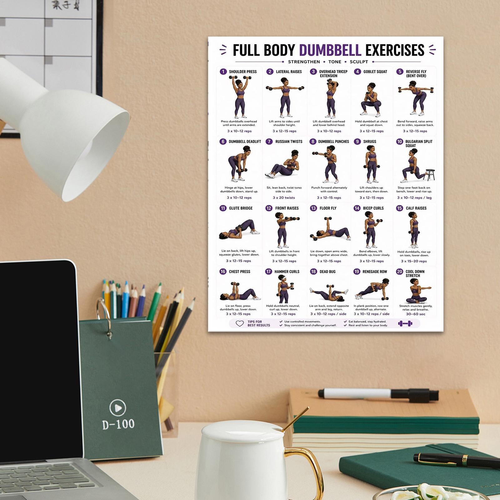 Workout Plan Home Gym - ダンベルエクササイズポスター 2枚セット 全身筋力トレーニングガイドチャート、初心者向けホームジム壁掛けワークアウトプラン（男性・女性向け）