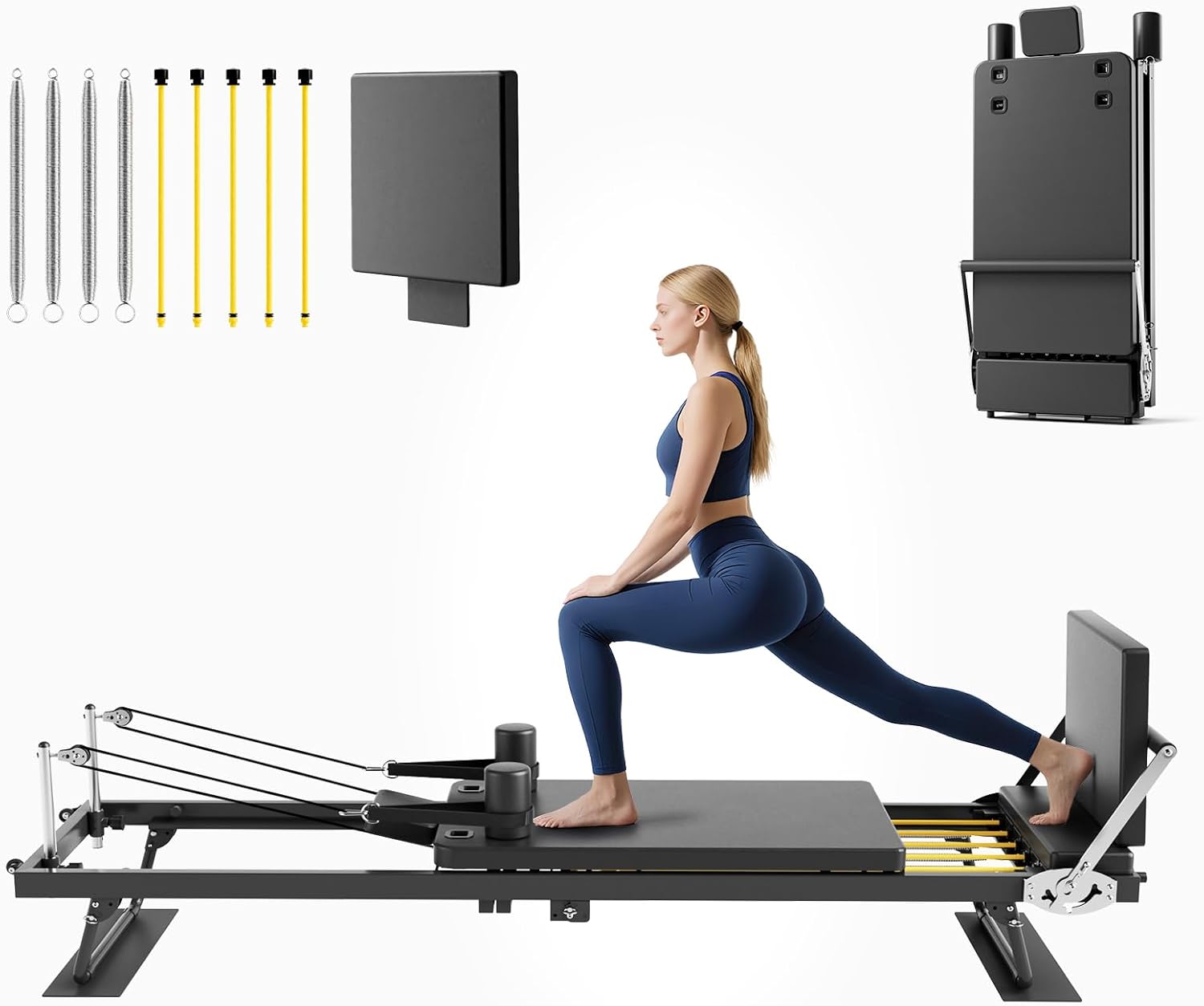 Home Gym Pilates - 折りたたみ式ピラティスリフォーマーマシン、ホームジム用全身フィットネスワークアウト機器、ジャンプボード付きデュアルレジスタンスシステムプラットフォーム、モダンミニマリストスタイル、ブラック仕上げ、1セット