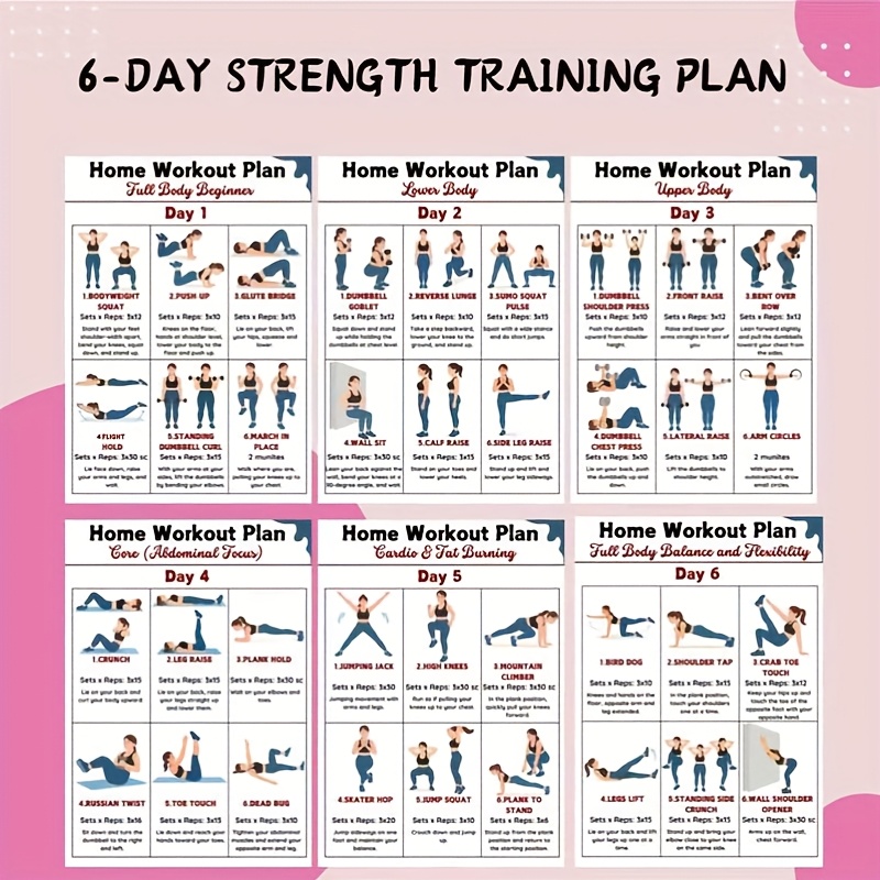 Workout Plan Home Gym - 6枚組 ホームフィットネスウォールチャート ワークアウト用、ホームフィットネスプランチャート、ジムプラン、フィットネスガイド、フィットネスワークアウト、フィットネスギフト