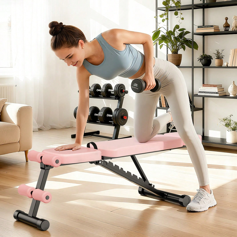 Home Gym Full Body - 9段階調整可能なウェイトベンチ 折りたたみ式 ホームジム 全身筋力トレーニング 800ポンド ピンク