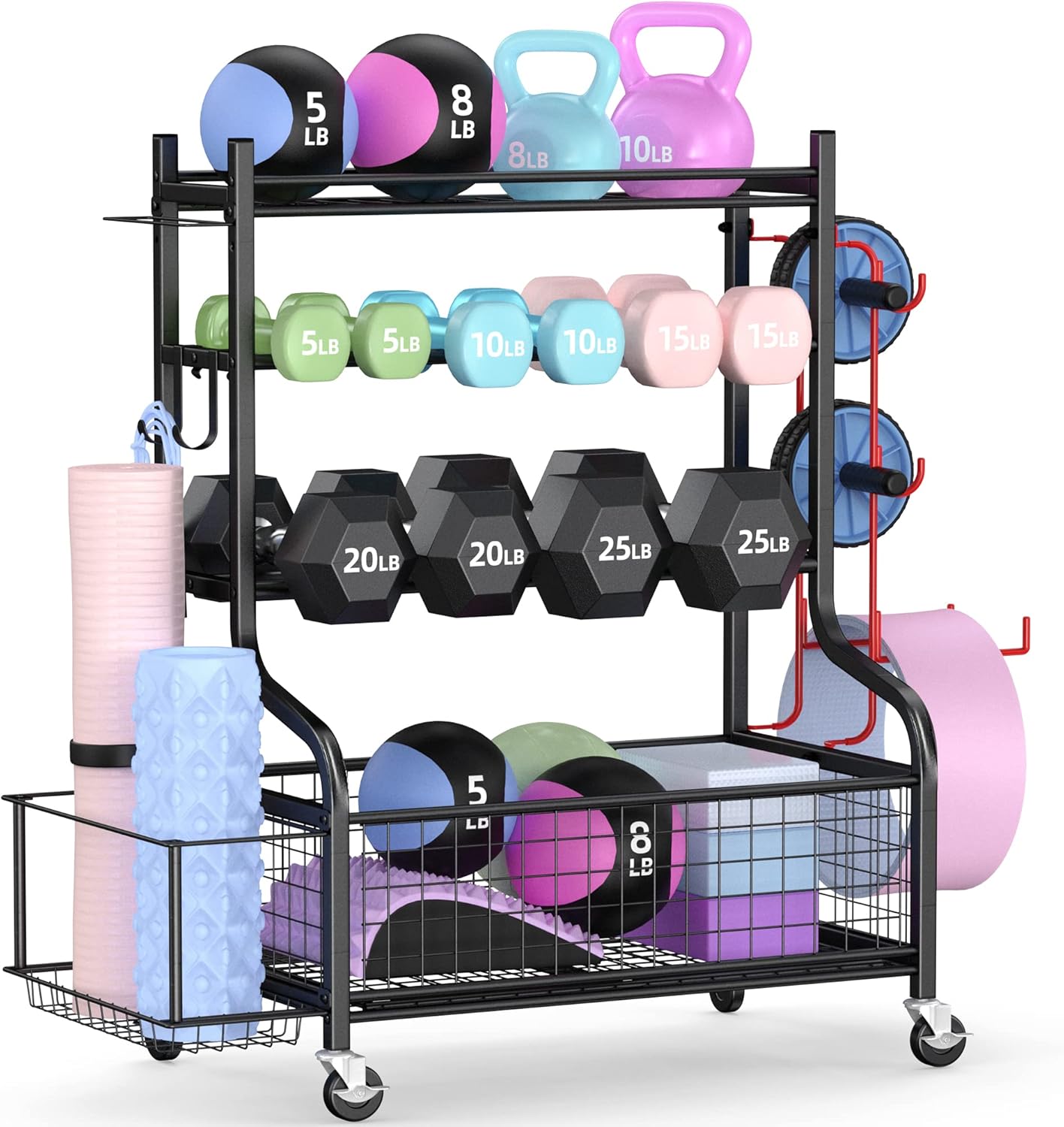 ホームジムダンベルラック（ホイール付き）、頑丈なスチール製、 - Home Gym Usa のレビューと価格