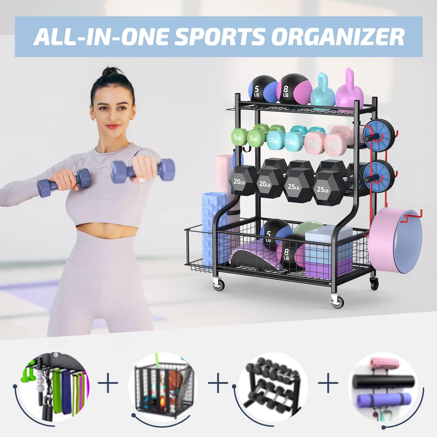 ホームジムダンベルラック（ホイール付き）、頑丈なスチール製、 - Home Gym Usa のレビューと価格